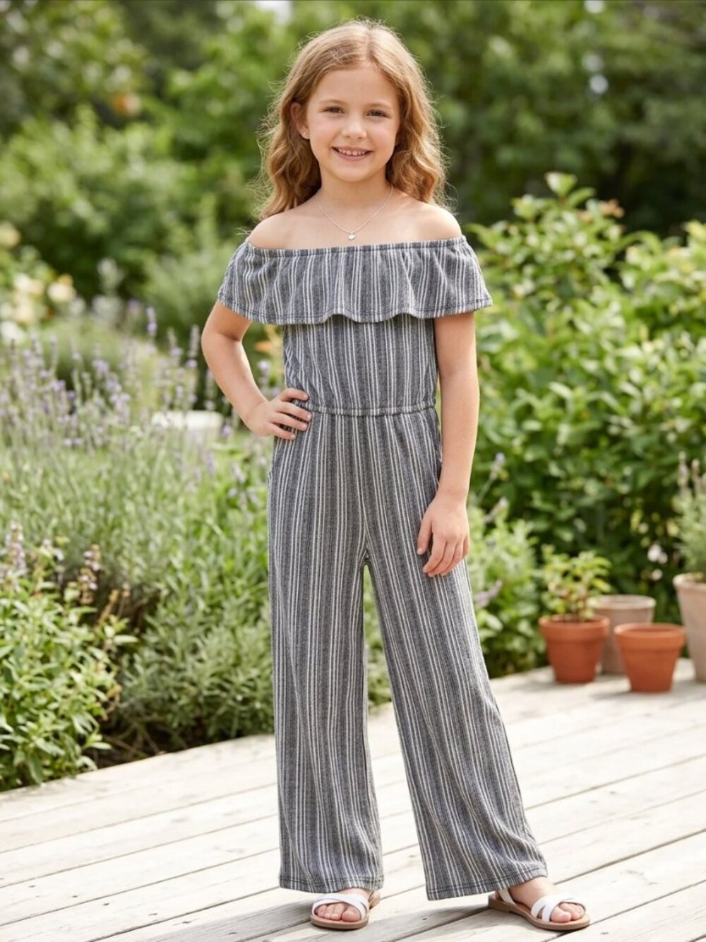 art class Gray & White Striped Off-Shoulder Wide-Leg Jumpsuit size L (10/12)